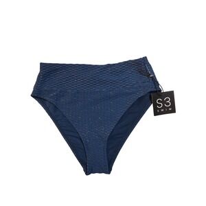 S3 Swim Womens Dusk Blue Textured Metallic High Waist Bikini Bottoms S3240227 S